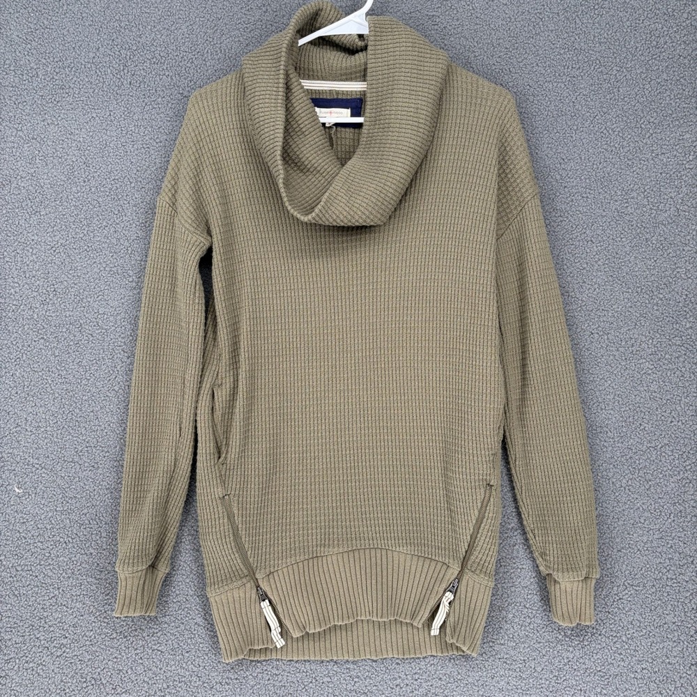 Pure + Good Anthropologie Cowl Neck Side Zip Waffle Knit Sweater Olive Green XS